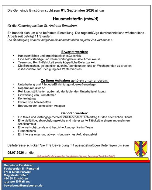 Stellenausschreibung Hausmeister Kita Andreas