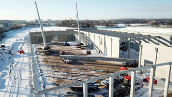 Das Bild zeigt den Fortschritt der Bauarbeiten an der Gebäude des Unternehmens WAS im EmsLandPark, Foto WAS