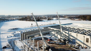 Das Bild zeigt den Baufortschritt der Gebäude des Unternehmens WAS im EmsLandPark, Foto: WAS