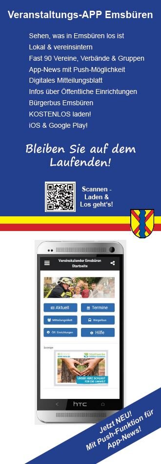 Das Bild zeigt eine Anzeige für die Veranstaltungs-App Emsbüren mit dem Slogan "Bleiben Sie auf dem Laufenden" und einer Abbildung eines Mobiltelefons mit der Startseite der App