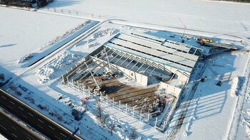 Das Bild zeigt den Baufortschritt der Gebäude des Unternehmens WAS im EmsLandPark, Foto: WAS