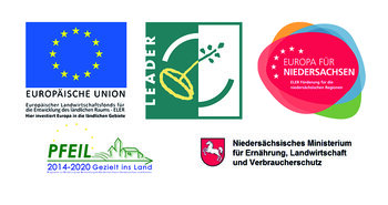 Das Bild zeigt die Logos der unterstützenden Institutionen LEADER, Europäische Union und Niedersächsisches Ministerium für Ernährung, Landwirtschaft und Verbraucherschutz sowie Pfeil