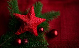 weihnachtliches Stimmungsbild: Leuchtend roter und dekorativer Stern auf Tannenzweig liegend und mit roten Weihnachtskugeln dekoriert