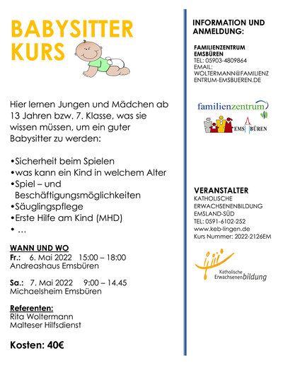 Familienzentrum-Babysitterkurs, Einladungsplakat für Kurs am 06./07. Mai 2022